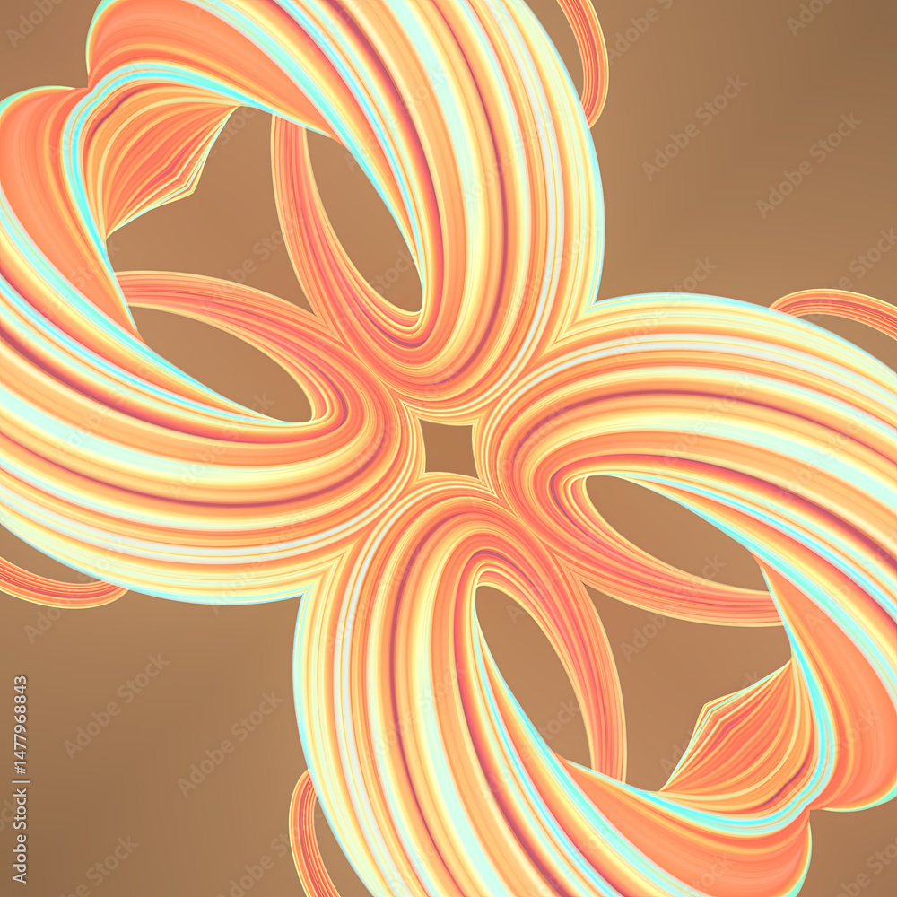 Poster A digital composition of flowing ribbons with shimmering pinks and yellows. Symmetry and softness emphasize the lightness of the forms. 3d rendering illustration