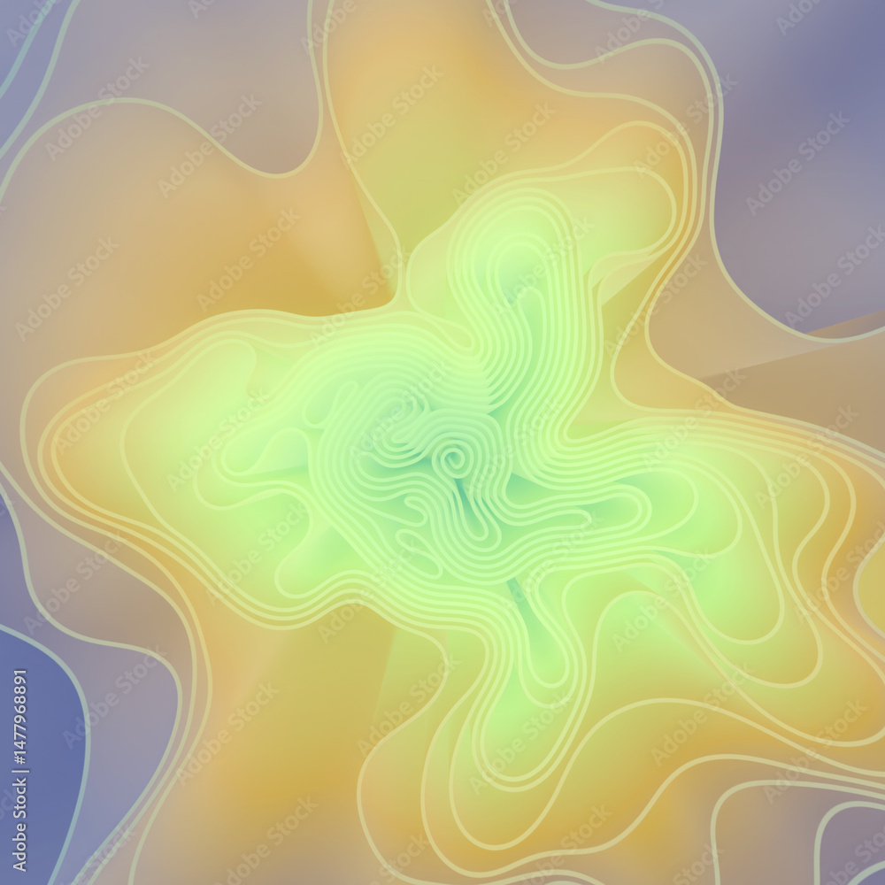 Poster Illustration of gently curving lines reminiscent of the flowing waves of fabric. Gradients of delicate pastels create soft depth and a peaceful atmosphere. 3d rendering
