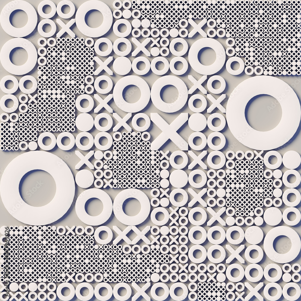 Aufkleber Abstract composition of white intersecting X's and O's forming a dynamic pattern. The different scales of the elements create depth and layering. 3d rendering digital illustration