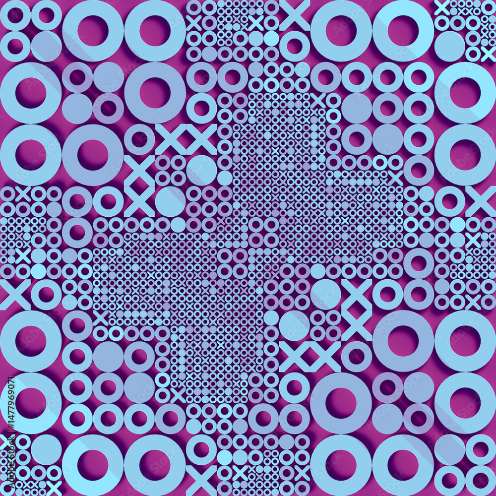Poster Abstract geometric pattern consisting of a series of X's and O's chaotically scattered over a light purple background. The circles are in light blue tones to contrast with the background. 3d rendering