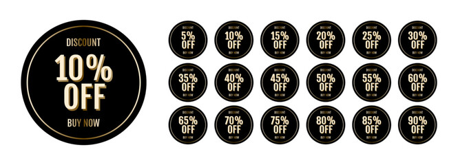 Black round discount tag with gold accents. 5, 10, 15, 20, 25, 30, 35, 40, 45, 50, 55, 60, 65, 70, 75, 80, 85, 90 percent off.