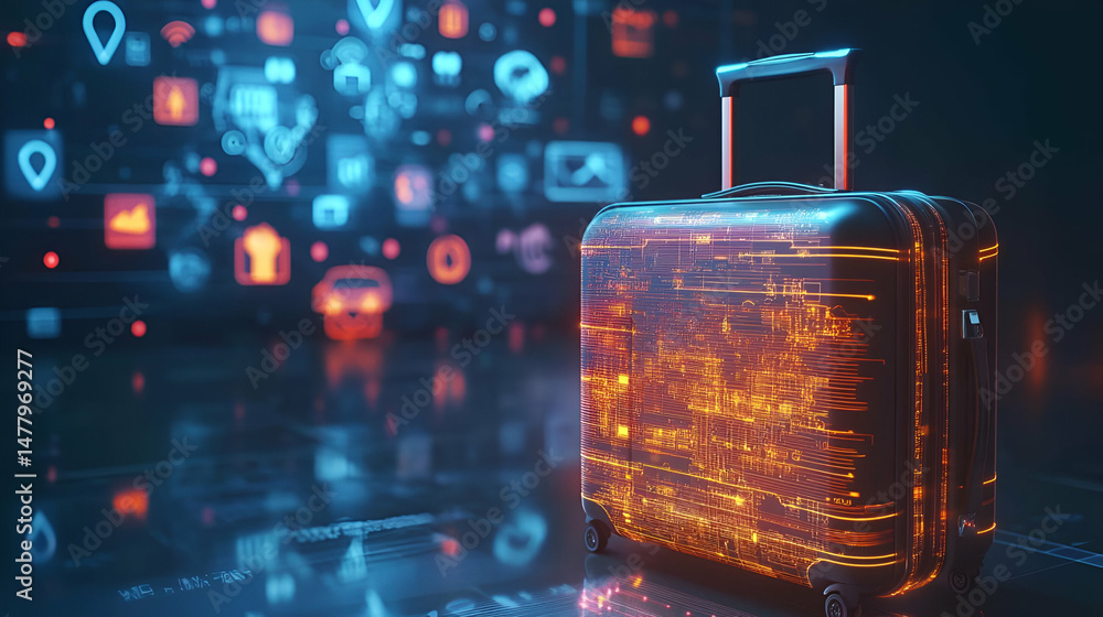 Poster metallic suitcase with glowing digital network background