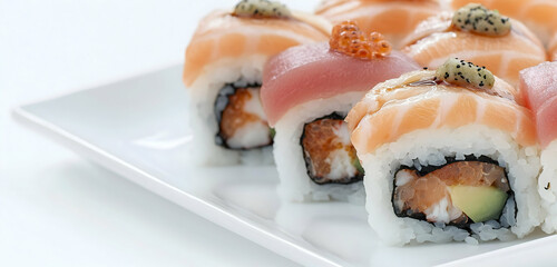 Mouthwatering japanese cuisine featuring gourmet sushi with cream cheese filling orange caviar and nori wrap beautifully styled on a wooden serving platter








