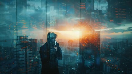 A person on a call looks out at a city. The sky blazes with colors as the light pours in