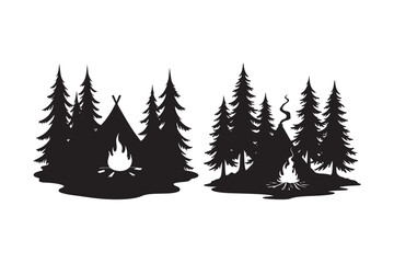 Silhouette Camping Scene with Tent, Campfire, and Pine Trees Vector Art