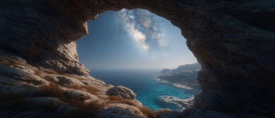 Breathtaking coastal view through rocky arch seaside location nature