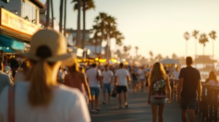 Obraz premium Woman wearing a sun hat at sunset, enjoying a lively beach atmosphere, surrounded by friends, vibrant summer vibes.