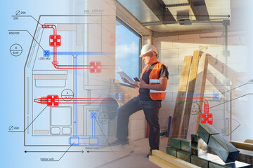 Construction engineer with plans and smartphone at building site, checking HVAC system layout overlayed on interior structure. – Construction, Engineering, HVAC, Building Design.