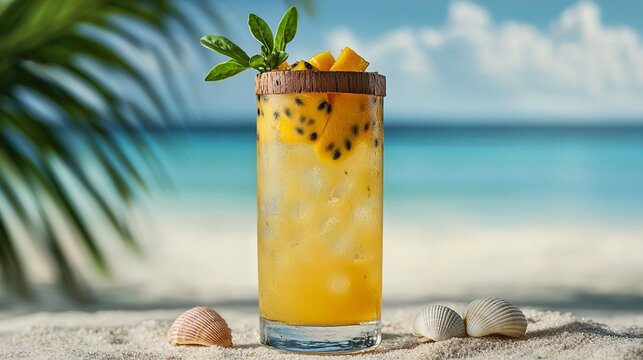 Tropical mango passion fruit cocktail with seashell accents on sandy beach