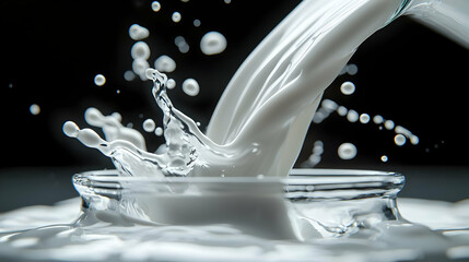 Milk splashing into a glass dish.  A close-up view of milk cascading down, creating a dynamic, frothy splash