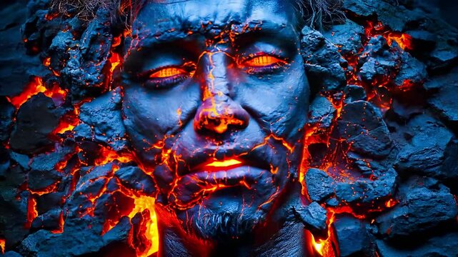 lava face volcano head emerging burning talking