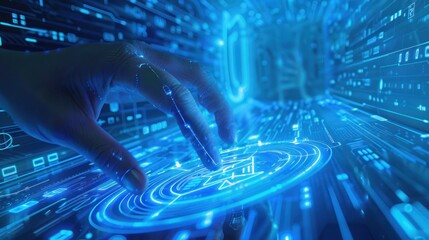 A hand interacts with digital interface, futuristic concept, with glowing blue light, circuits