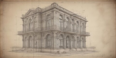 Architectural blueprint overlay on faded photo  Vintage design, technical drawing , photo, image