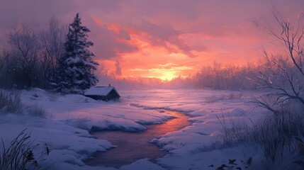 Peaceful winter landscape at sunrise.