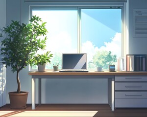Fototapeta premium Sunny Room Illustration Workspace Laptop Plant