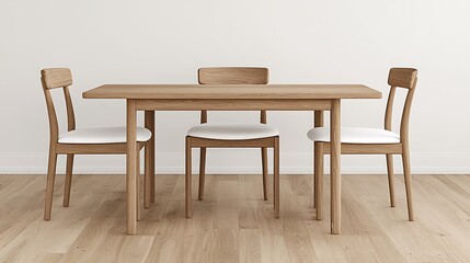 Minimalist Wooden Dining Set with White Cushions and Parquet Floor for Modern Home Decor, Interior Design.
