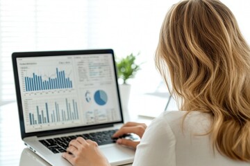 Woman working on laptop with business data analysis charts and graphs in modern office environment during daytime
