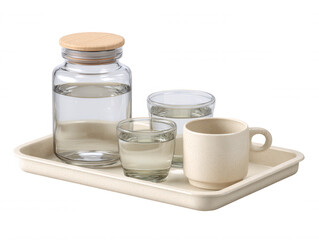 A glass jar with a wooden lid, two filled clear glasses, and a mug rest on a beige serving tray, all against a bright white studio background for a clean look.