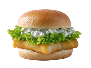A delicious fish fillet burger with fresh green lettuce and creamy tartar sauce sits invitingly on a white background, ready to be enjoyed as a tasty meal treat.