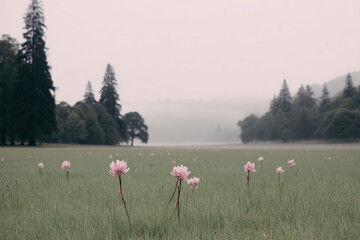 serene morning meadow enveloped in soft mist pastel flowers creating tranquil atmosphere
