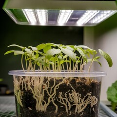 Young green seedlings grow in a plastic container under bright light, surrounded by visible white mycelium, showcasing the interaction between plant roots and fungi in an indoor setup.