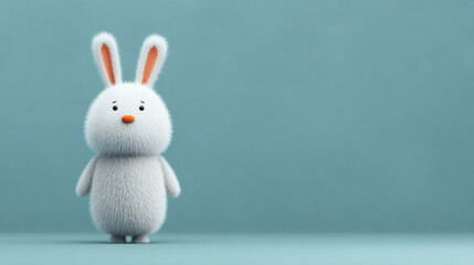 Fluffy white toy bunny stands serenely, evoking whimsical wonder, perfect for Easter celebrations or Rabbit Hole Day explorations