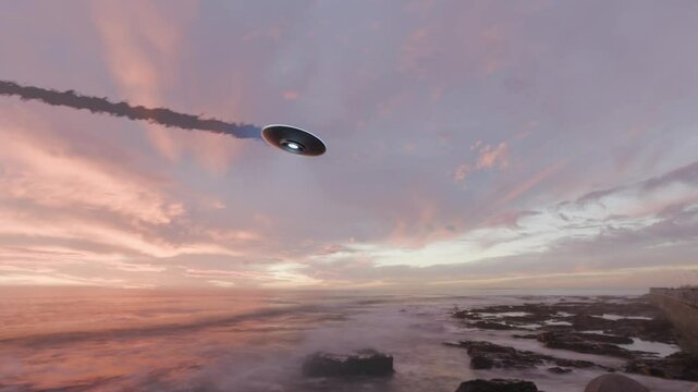 Crashing of Ufo flying saucer. Alien spaceship crash, a damaged Spacecraft lands and explodes on the ground. Footage in Ultra HD 4K.