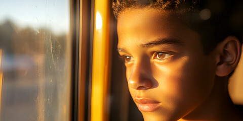 Thoughtful Child Looking Out the Window, Child Reflecting by a Sunlit Window