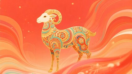 Decorative Ram Artwork with Intricate Gold and Turquoise Patterning on Flowing Red and Orange Background
