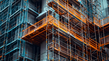 Modern Building Construction with Orange and Blue Scaffolding