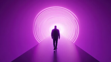 Obraz premium Person walking towards a vibrant purple light, silhouette against a glowing backdrop, theme of exploration and mystery.