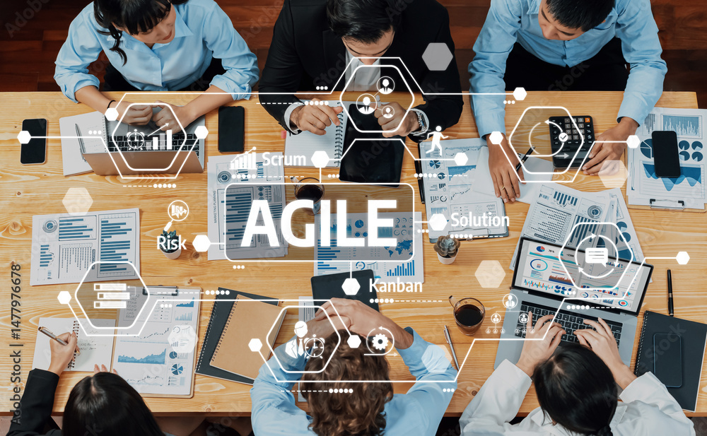 Poster a collaborative business meeting showcasing teams utilizing agile methodologies, focusing on strateg