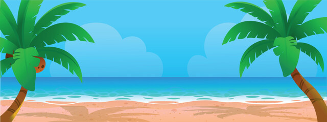 Tropical beach landscape with coconut palms and golden sand. Beautiful coastline, island in the ocean. Game location. Background for 2d cartoon. 
