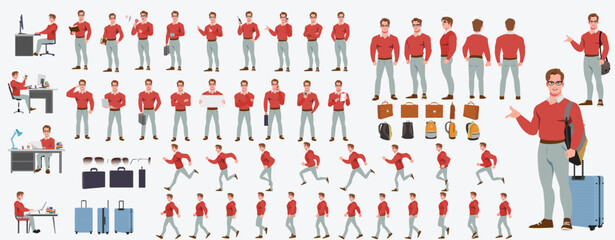 Man Character design. Front, side, back view and explainer animation poses. Character set with lip sync and facial expressions of Happy, angry, sad, Joy with Side walk cycle animation sequence sprite 