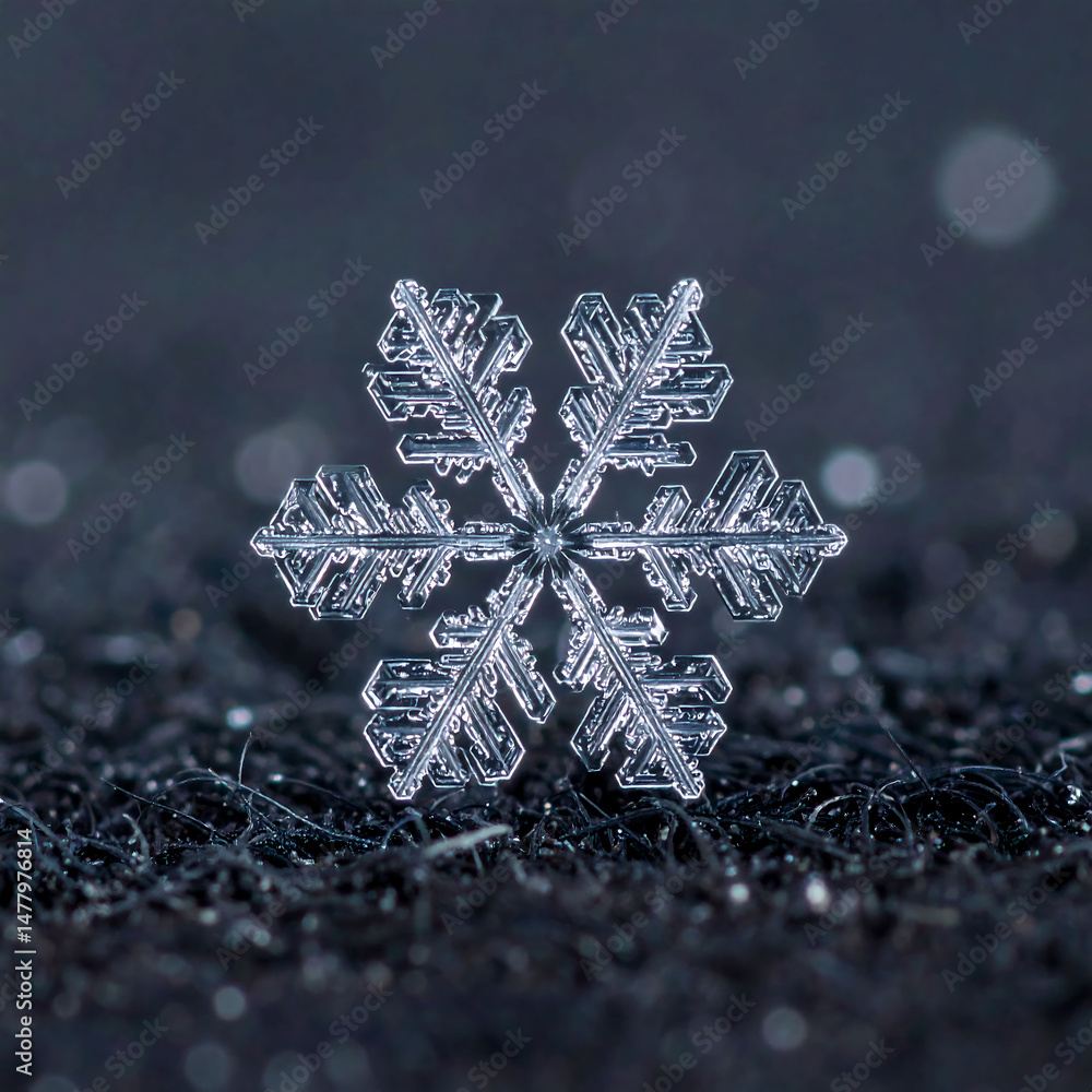 Poster closeup capturing the exquisite beauty of a single snowflake resting on a dark textured surface. sym