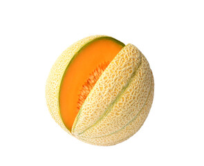 Orange cantaloupe melon slices on white background