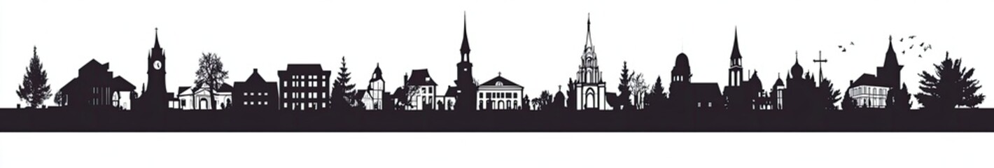 Fototapeta premium Cityscape Skyline Silhouette with Churches, Trees, and Bird on Transparent Background