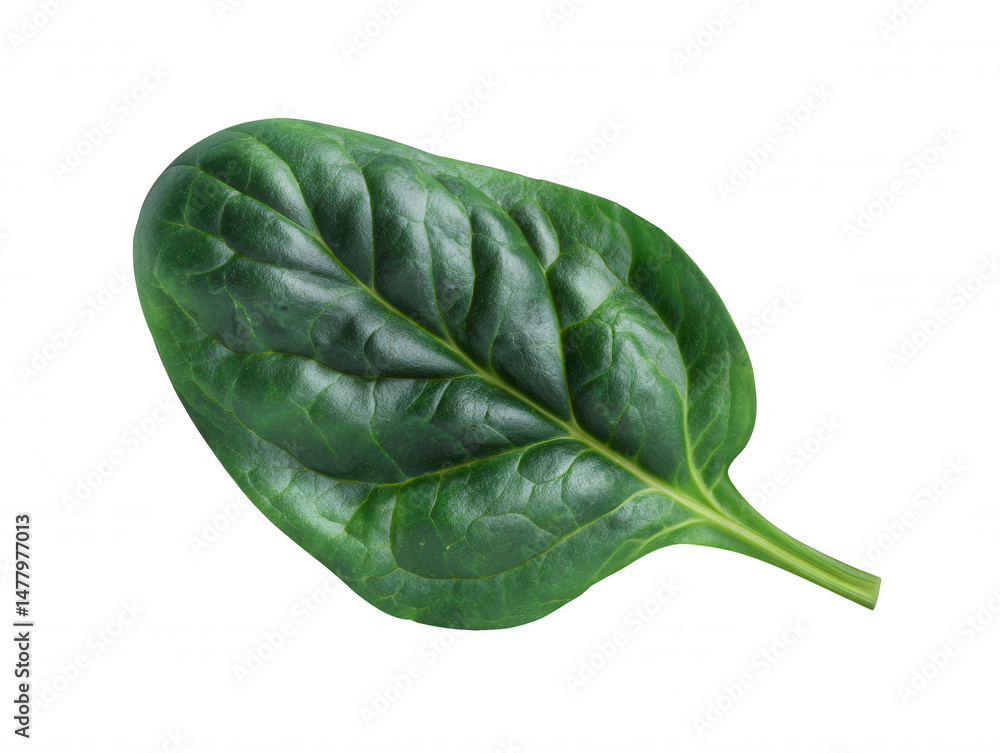 Poster a single fresh spinach leaf shows its vibrant green color and intricate vein structure while isolate