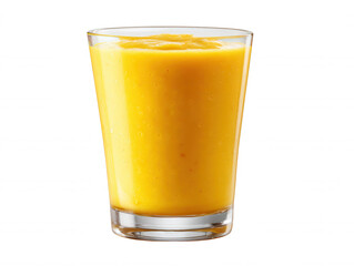 A refreshing yellow smoothie is displayed in a clear glass on a pure white background, showcasing the vibrant color and inviting texture of the healthy drink.