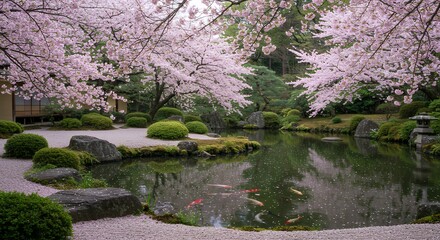 Cherry Blossoms Reflecting in Pond