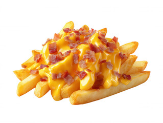 Delicious golden french fries are generously smothered in melted cheddar cheese and topped with crispy bacon bits on a plain white background ready to be served.