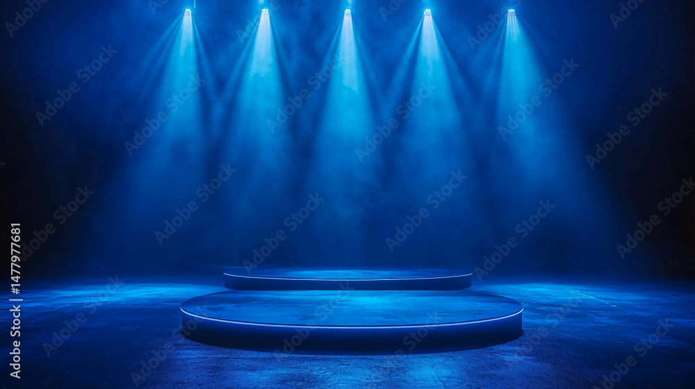 Poster blue stage background with spotlight for product display and presentation in studio room show event
