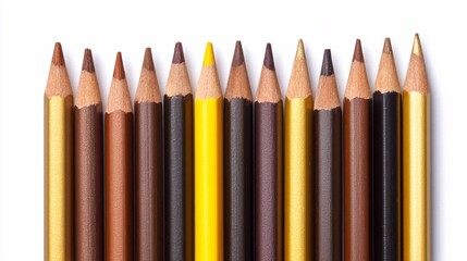 Closeup view of brown and yellow colored pencils arranged neatly for drawing or creative projects indoors
