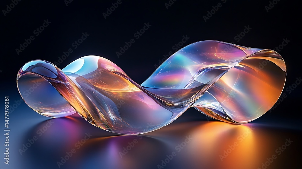 Poster abstract transparent ribbon wave with holographic colors and reflections artistic 3d rendering conce