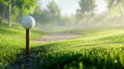 Golf tee on lush green course, early morning mist surrounding, serene atmosphere, ideal for promotional material, nature theme.