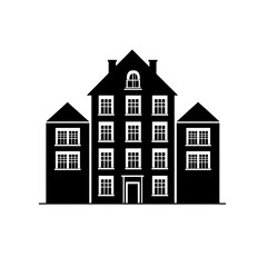 Architectural Building Silhouette: Three-Section House with Many Windows and a Central Structure Black on a White Background.