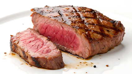Fototapeta premium Medium-rare grilled steak with rosemary sprig on white background