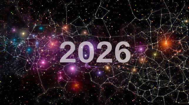 Galactic kaleidoscope heralds 2026, cosmic crossroads of vibrant constellations, echoing cosmic festivals and futuristic zodiac revelations
