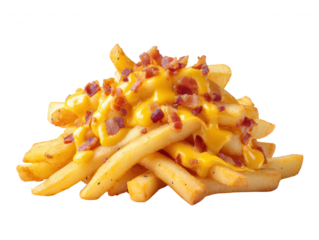 A tempting pile of golden french fries is generously covered with melted cheddar cheese and sprinkled with crispy bacon bits, isolated against a white background.