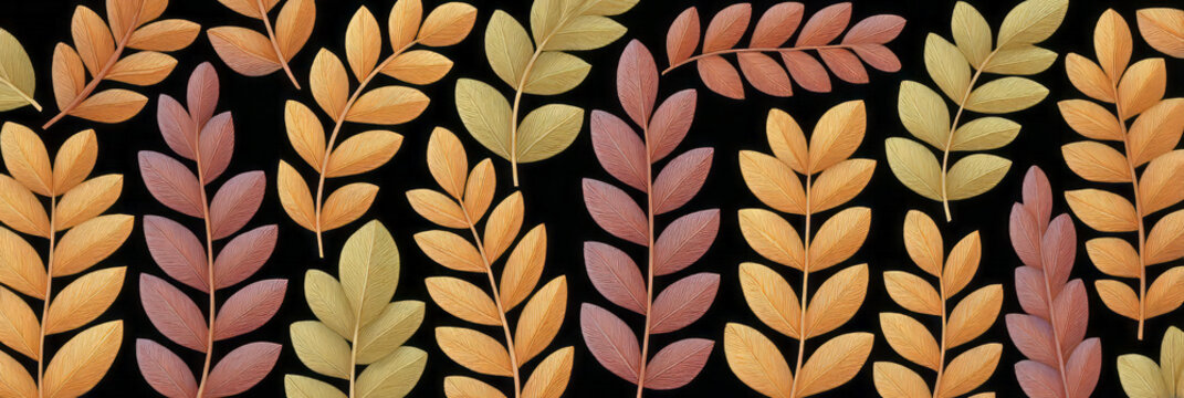 Autumnal foliage mural, vivid amber hues on dark tapestry; inspired by Samhain harvest, echoing nature's symphony in rustic hues